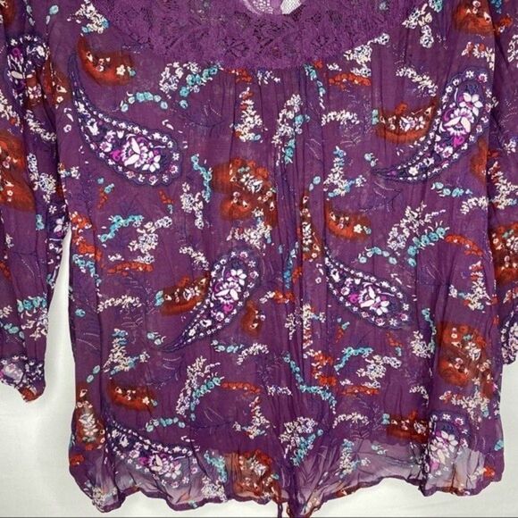 Maurices Purple Sheer Button Down Paisley Floral 3/4 Sleeves Drawstring Waist M - Picture 4 of 9